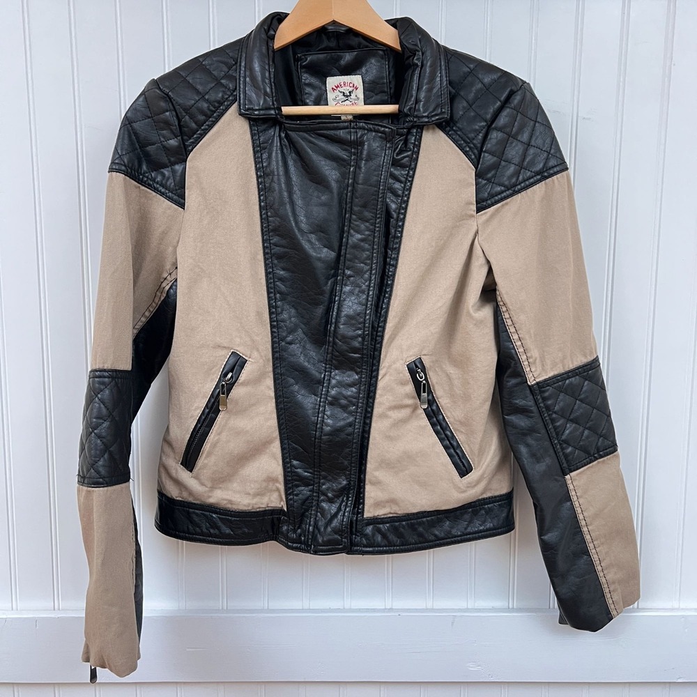 American Culture Women's Moto Jacket Faux Leather Biker Grunge Tan Black Quilted